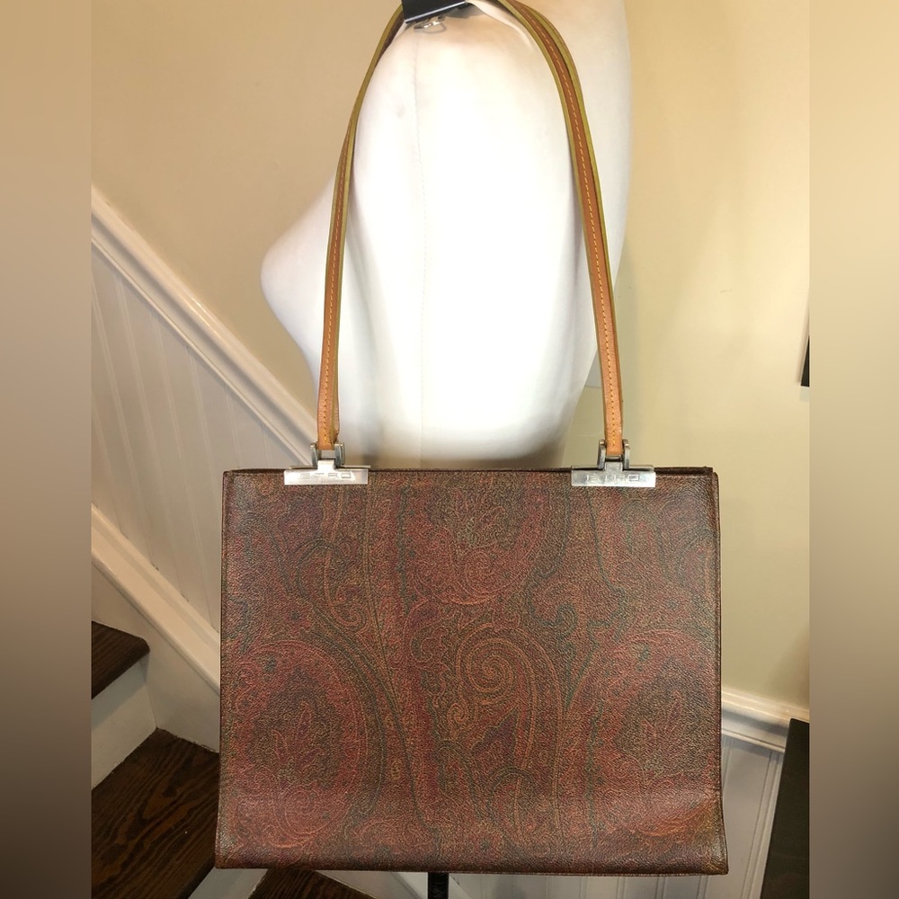 ETRO Red Paisley Vachetta Leather Two Strap Snap Tote Shopper Shoulder Bag - Picture 14 of 17